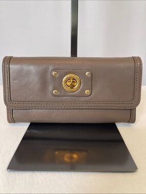 Marc by Marc Jacobs Turnlock Continental Wallet Taupe Leather Gold Hardware